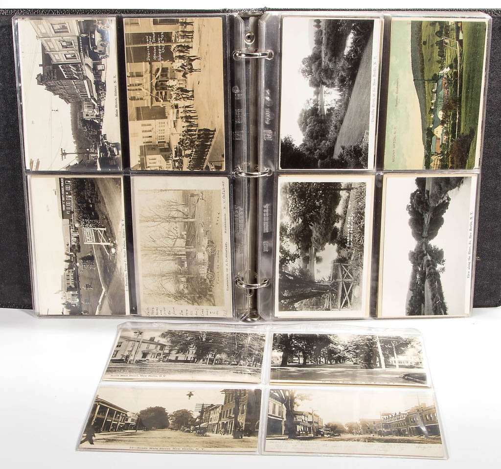 NEW YORK SCENIC / VIEW POST CARDS: NEW YORK SCENIC / VIEW POST CARDS, approximately 103, featuring mainly street views, including schools, churches, factories, town halls, court houses and one Masonic Temple dedication ceremony. Mostly