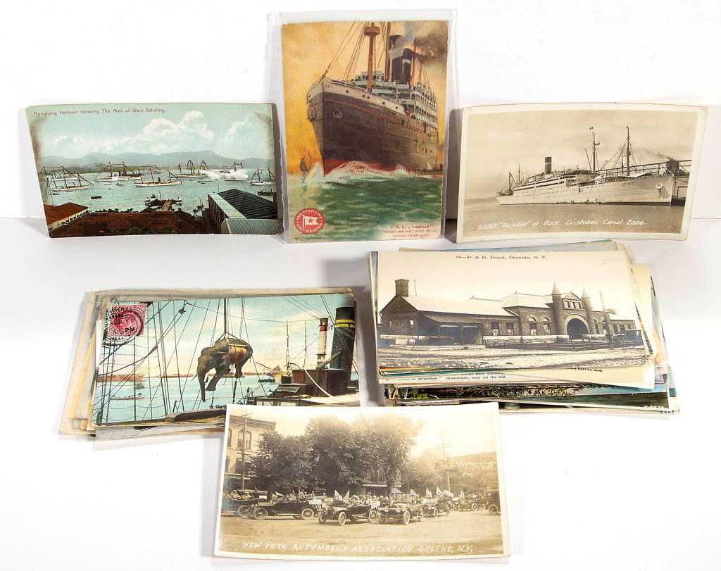 ASSORTED TRANSPORTATION / SHIP / TRAIN DEPOT POST CARDS: ASSORTED TRANSPORTATION / SHIP / TRAIN DEPOT POST CARDS, approximately 65, including an artist-signed H. Cassiers Red Star Line example and a M. Sternberg Hongkong (sic) Hong Kong Harbor scene with Ma