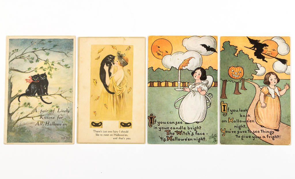 HALLOWEEN POST CARDS, LOT OF FOUR: HALLOWEEN POST CARDS, LOT OF FOUR, comprising two Raphael Tuck Series 816 "Oilette" examples, one unused, one used without postmark, and two C. S. Clark Series No. 122 examples, one unused, one used w