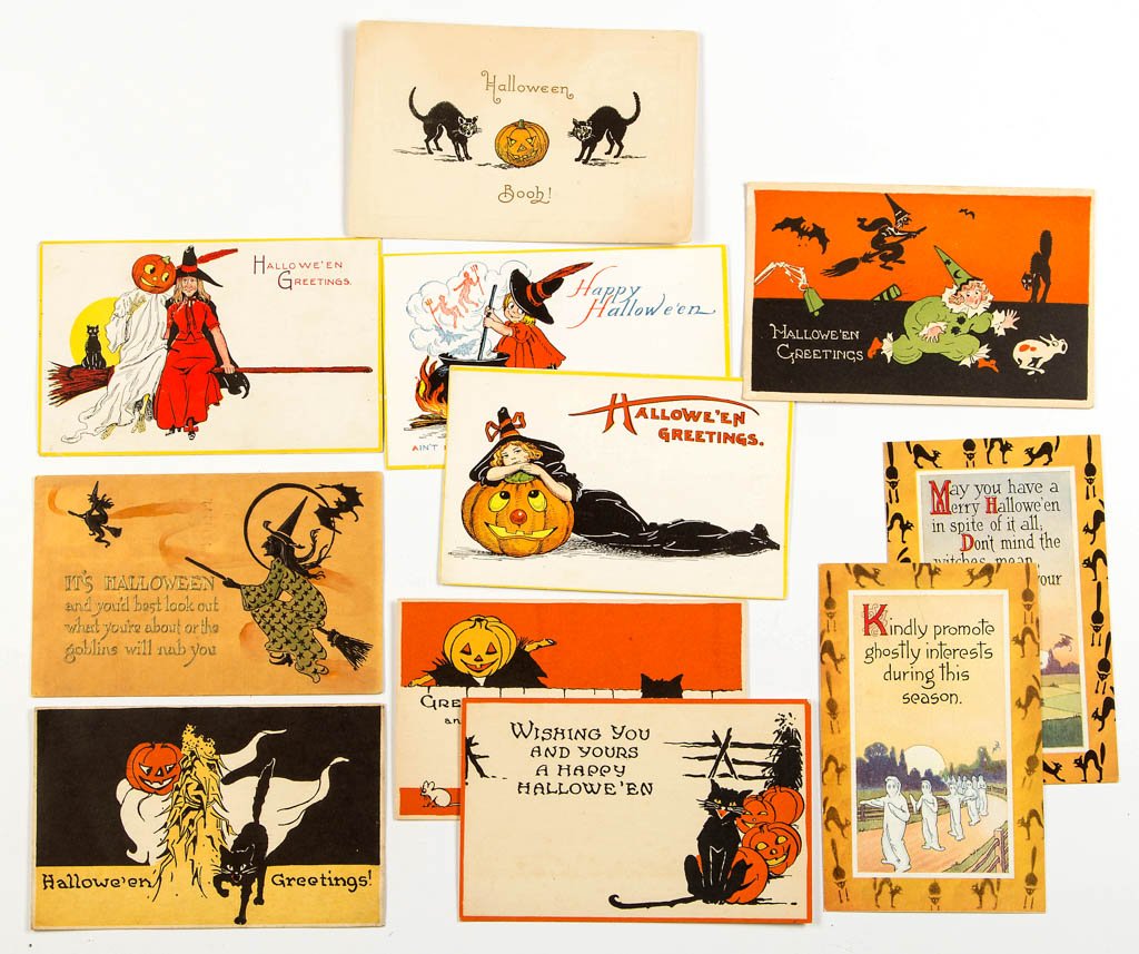 GIBSON ART CO. HALLOWEEN POST CARDS, LOT OF 11: GIBSON ART CO. HALLOWEEN POST CARDS, LOT OF 11, including a scarce example featuring a bat and witches on broomsticks silhouetted against a full moon. Some unused. First quarter 20th century. Provenan