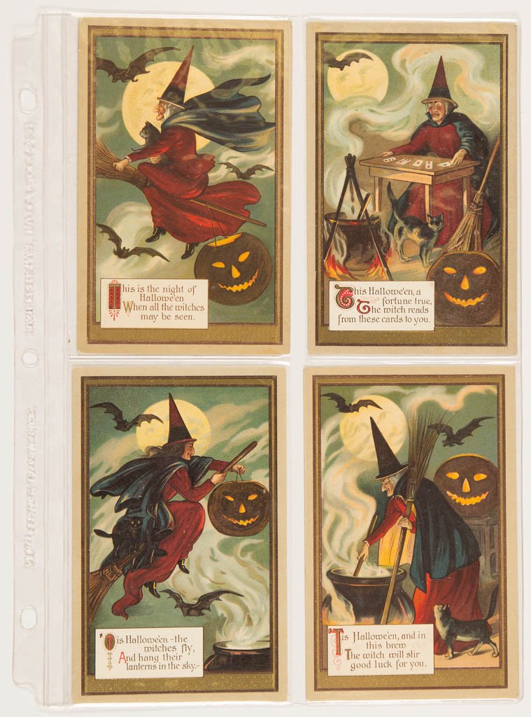 HALLOWEEN POST CARDS, LOT OF FOUR: HALLOWEEN POST CARDS, LOT OF FOUR, scarce, unknown maker, marked "PRINTED IN GERMANY", complete series as known, embossed, each featuring a witch and a Jack-o'-lantern in a scene framed with gold bord