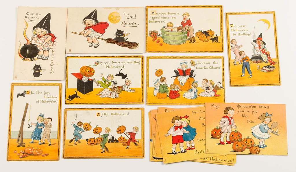 RAPHAEL TUCK & SONS HALLOWEEN POST CARDS, LOT OF 15: RAPHAEL TUCK & SONS HALLOWEEN POST CARDS, LOT OF 15, comprising Series 188, Series 190, and Series 807 examples, featuring children with witches, black cats, Jack-o'-lanterns, and traditional Hallowee