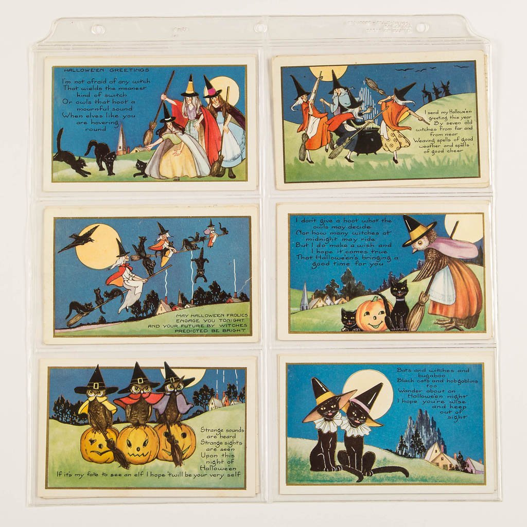 WHITNEY HALLOWEEN POST CARDS, LOT OF 12: WHITNEY HALLOWEEN POST CARDS, LOT OF 12, comprising three series, complete as known, each with a Halloween poem; the first a set of six featuring black cats with witches' accoutrements, and mice in cl