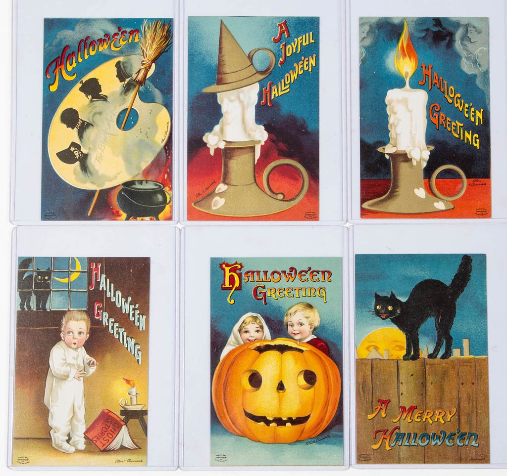 CLAPSADDLE HALLOWEEN POST CARDS, LOT OF SIX: CLAPSADDLE HALLOWEEN POST CARDS, LOT OF SIX, International Art Publishing Co. Series 1393, by Ellen Clapsaddle, complete series as known. Circa 1908. Provenance: Property of a Virginia private collect
