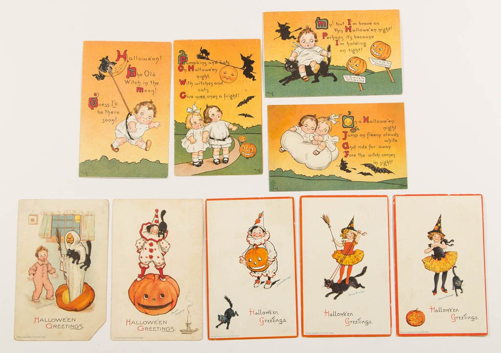 SAM GABRIEL HALLOWEEN POST CARDS, LOT OF NINE: SAM GABRIEL HALLOWEEN POST CARDS, LOT OF NINE, comprising Series 124 examples, by Mary L. Russell, and Series 123 and 125 examples, by Frances Brundage. One Series 125 example unused, remainder used w