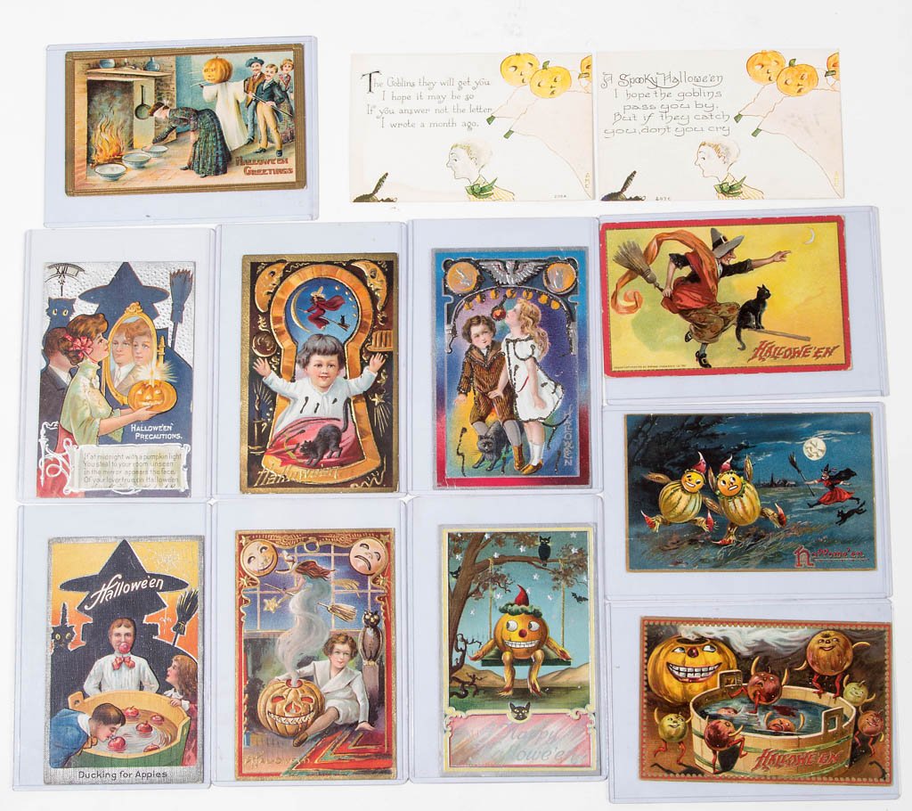 ASSORTED HALLOWEEN POST CARDS, LOT OF 12: ASSORTED HALLOWEEN POST CARDS, LOT OF 12, comprising four Raphael Tuck & Sons, two F. A. Owen, five A. Jaeger, one Gottschalk, and one A.P.M. Co example. First quarter 20th century. Provenance: Proper