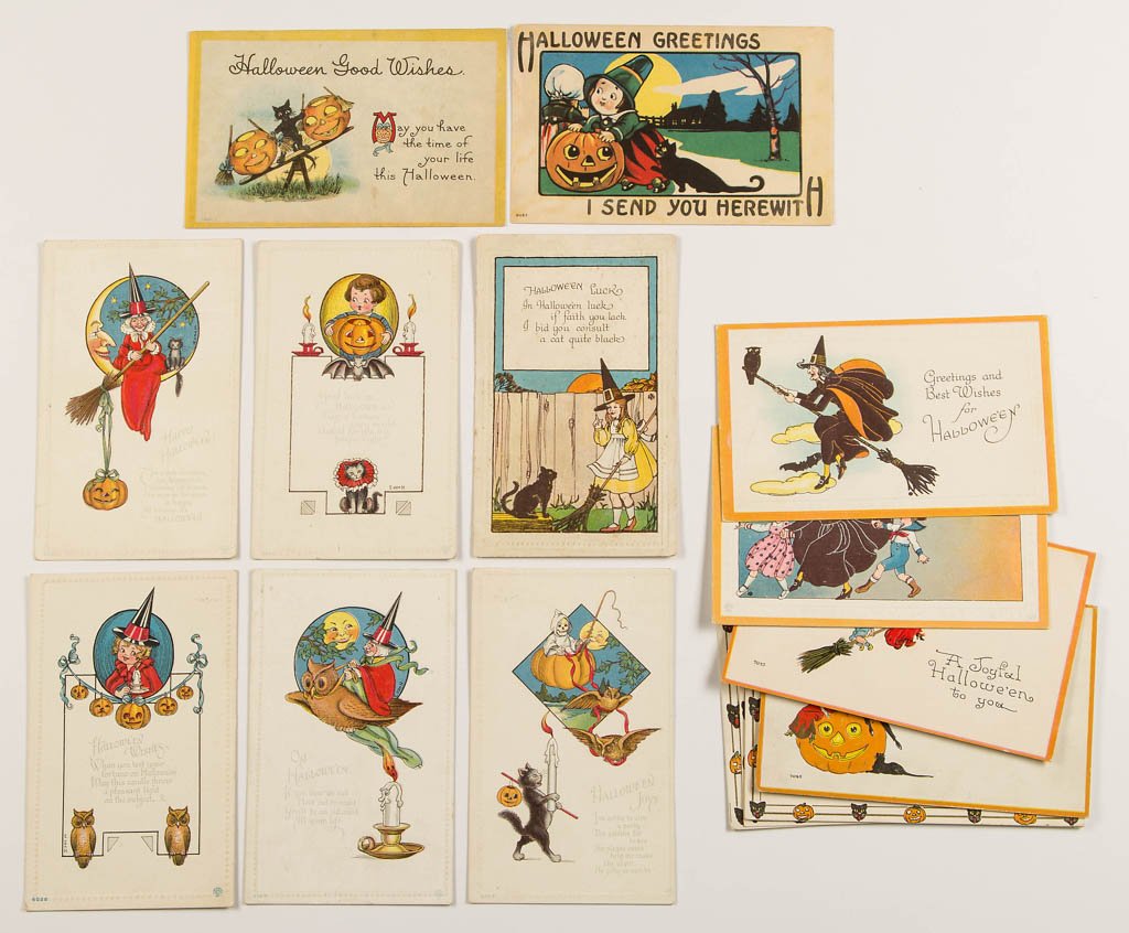 BERGMAN HALLOWEEN POST CARDS, LOT OF 16: BERGMAN HALLOWEEN POST CARDS, LOT OF 16, featuring Jack-o'-lanterns, black cats, witches, children in costumes, and other Halloween staples. Many embossed, some unused. First quarter 20th century. Pro