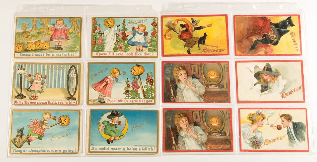 RAPHAEL TUCK & SONS HALLOWEEN POST CARDS, LOT OF 16: RAPHAEL TUCK & SONS HALLOWEEN POST CARDS, LOT OF 16, comprising Series 181, complete as known, and Series 174 examples. Two examples from each series unused. First quarter 20th century. Provenance: Fr