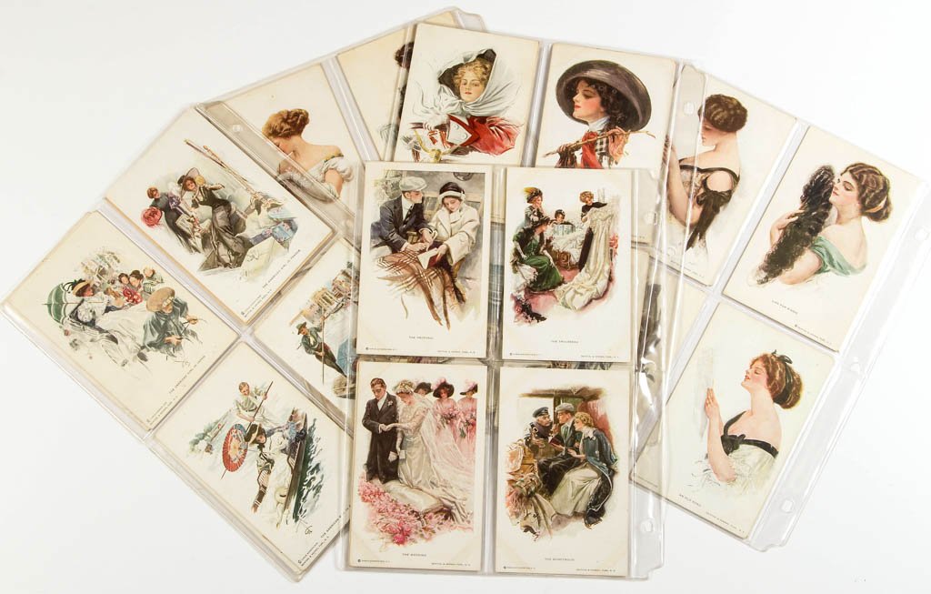 HARRISON FISHER ARTIST-SIGNED POST CARDS, LOT OF 38: HARRISON FISHER ARTIST-SIGNED POST CARDS, LOT OF 38, including "The Bride", "Close to Shore", and examples from the "American Girl" series. Published by Reinthal & Newman. Many unused. First quarter 2