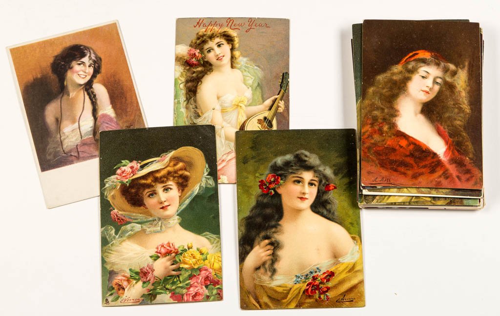 ARTIST-SIGNED GLAMOUR / LADIES POST CARDS: ARTIST-SIGNED GLAMOUR / LADIES POST CARDS, approximately 29, including one Maxim Trube, four A. Asti, four Emille Vernon, one of which is a New Years card, and four E. Bottaro. Many on heavy stock, so