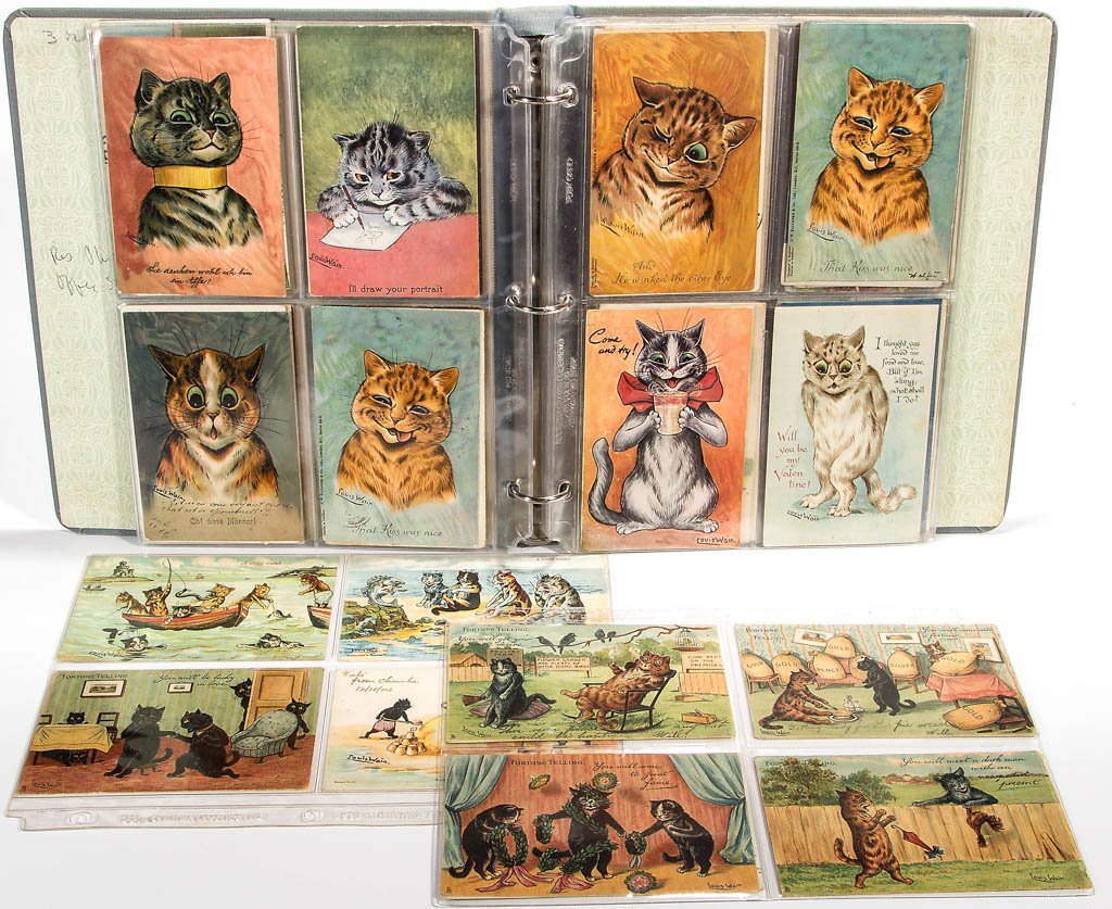 LOUIS WAIN CAT HUMOR POST CARDS: LOUIS WAIN CAT HUMOR POST CARDS, approximately 80, including 66 artist-signed examples. Publishers include Raphael Tuck & Sons, Valentine & Sons and Davidson Bros. Some unused, some undivided backs. F