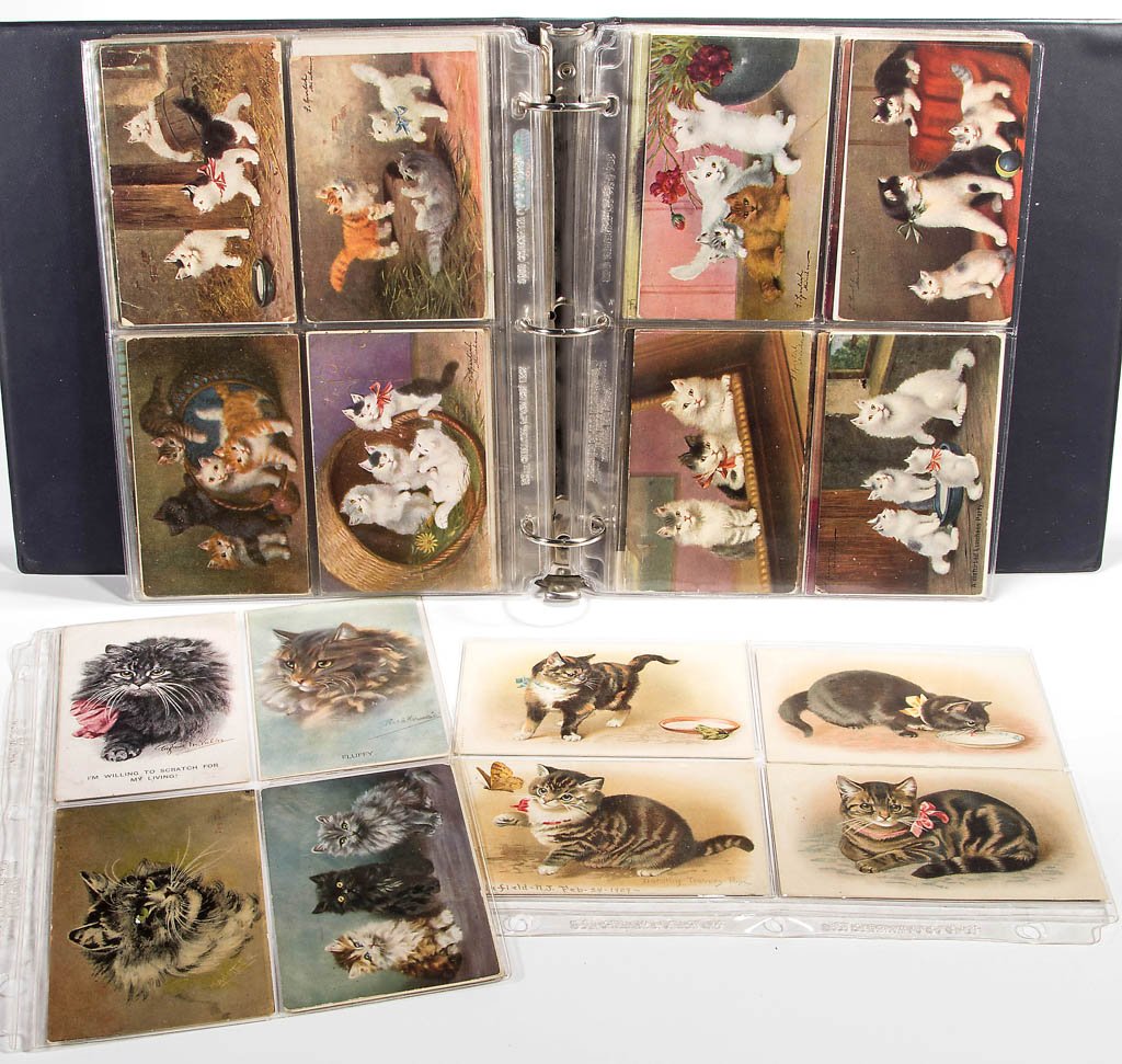 ASSORTED CAT POST CARDS: ASSORTED CAT POST CARDS, approximately 186, mostly artist-signed, including Kenyon, Sperlich, D. Merlin, M. Stocks, A. Stone, and Edy. Some unused, some undivided backs. Publishers include Raphael Tuc