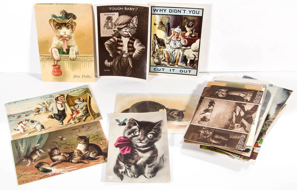 ASSORTED CAT POST CARDS, LOT OF 30: ASSORTED CAT POST CARDS, LOT OF 30, including an artist-signed Boulanger example, two M. T. Sheahan Gilt Edge examples, two Theodor Eismann/Theochrome examples, two "squeaker" examples, and two mechan
