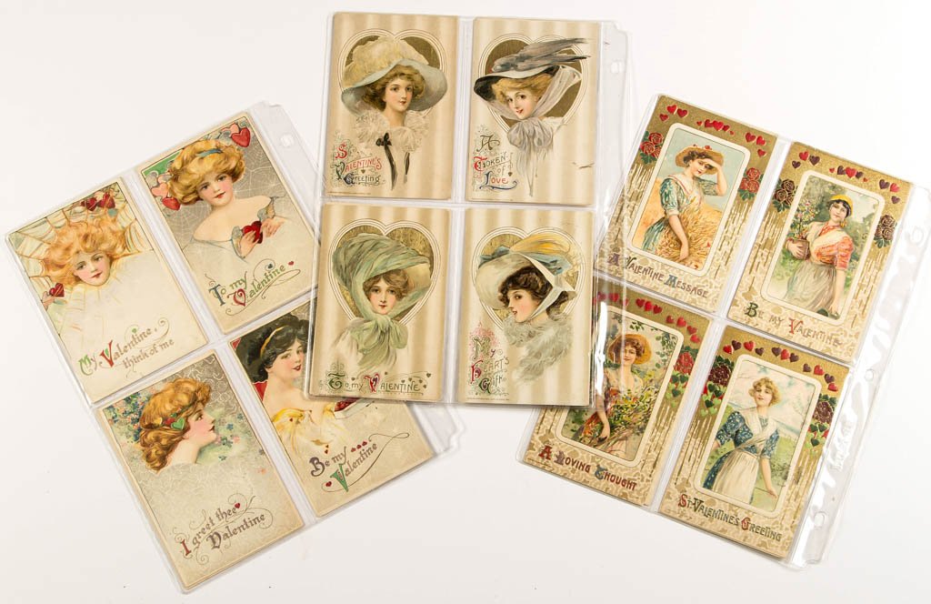 JOHN WINSCH / SCHMUCKER GIRL VALENTINES DAY POST CARDS,: JOHN WINSCH / SCHMUCKER GIRL VALENTINES DAY POST CARDS, LOT OF 23, four unmarked, remainder marked to face "Design Copyrighted, John Winsch", all unsigned, all with Winsch backs. Unmarked examples are