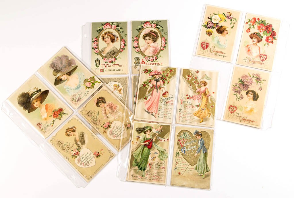 JOHN WINSCH / SCHMUCKER GIRL VALENTINE'S DAY POST: JOHN WINSCH / SCHMUCKER GIRL VALENTINE'S DAY POST CARDS, LOT OF 24, marked to face "Design Copyrighted, John Winsch", unsigned. Embossed, some unused. First quarter 20th century. Provenance: From the 