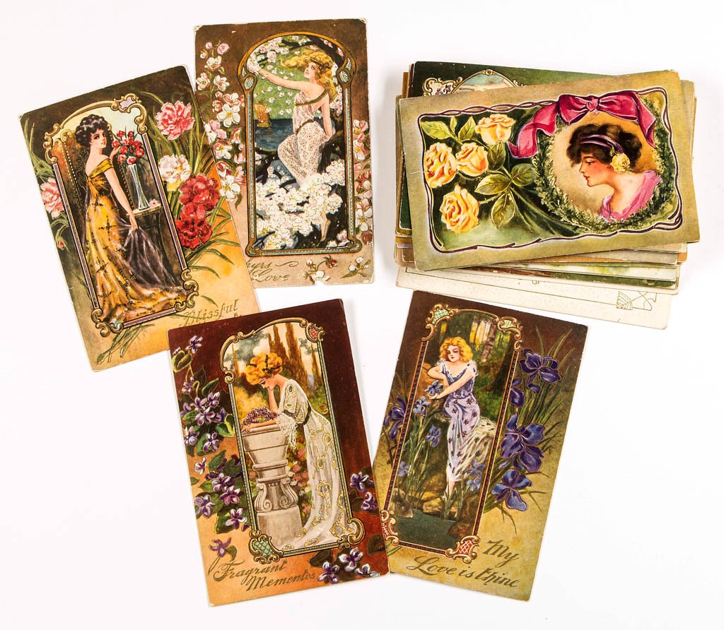 JOHN WINSCH ATTRIBUTED EMBOSSED POST CARDS, LOT OF 34: JOHN WINSCH ATTRIBUTED EMBOSSED POST CARDS, LOT OF 34, featuring young ladies and floral decorations. Some unused. First quarter 20th century. Provenance: From the Dorothy R. Daniel estate, Arlington,