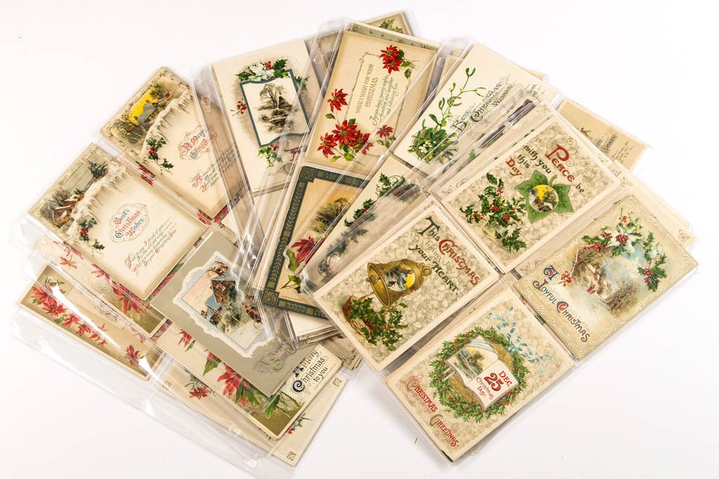 JOHN WINSCH EMBOSSED CHRISTMAS POST CARDS: JOHN WINSCH EMBOSSED CHRISTMAS POST CARDS, approximately 87, including holly, mistletoe, poinsettia, and winter scene motifs. Some unused. First quarter 20th century. Provenance: From the Dorothy R. D