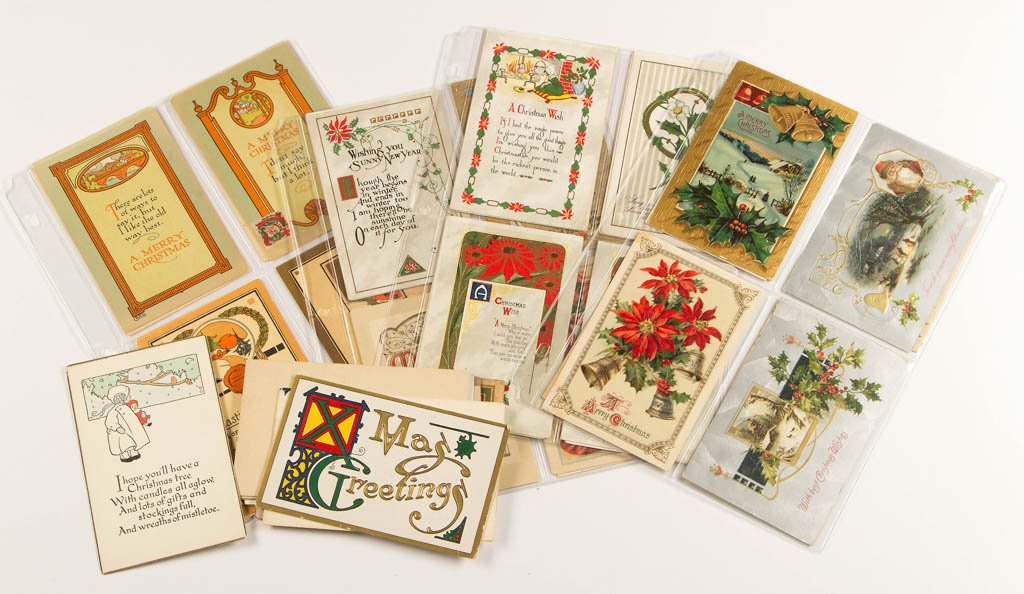 ASSORTED ARTS & CRAFTS / ART NOUVEAU CHRISTMAS POST: ASSORTED ARTS & CRAFTS / ART NOUVEAU CHRISTMAS POST CARDS, LOT OF 42, including examples by Robert H. Lord, Rust Craft, and P. F. Volland & Co. Some Winsch-like backs, some embossed, some unused. Firs