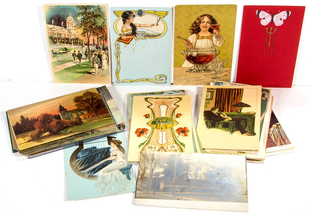ART NOUVEAU / ARTS & CRAFTS AND OTHER POST CARDS: ART NOUVEAU / ARTS & CRAFTS AND OTHER POST CARDS, approximately 45, including artist-signed, real photo, embossed, and linen-style examples. Some unused. Most first quarter 20th century. Provenance: F