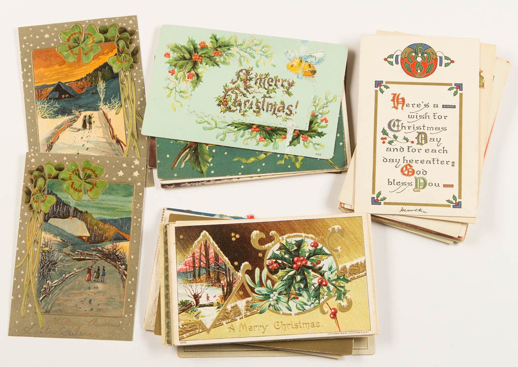 ASSORTED ARTS & CRAFTS / ART NOUVEAU CHRISTMAS POST: ASSORTED ARTS & CRAFTS / ART NOUVEAU CHRISTMAS POST CARDS, LOT OF 46, including a Birn Brothers booklet example with faux Mother-of-Pearl decoration, and a Gottschalk example with die-cut decoration. 