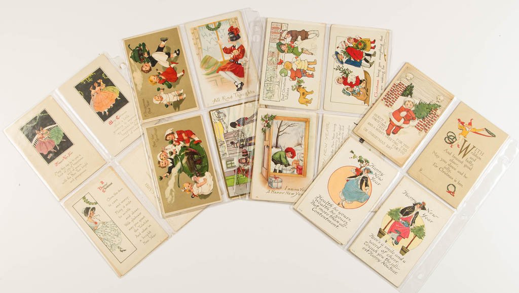 CHRISTMAS AND NEW YEARS POST CARDS, LOT OF 30: CHRISTMAS AND NEW YEARS POST CARDS, LOT OF 30, including a C. S. Clark Christmas example, an unmarked Santa Claus/Father Christmas example, and a beautiful embossed "Bonne Annee" example featuring chi