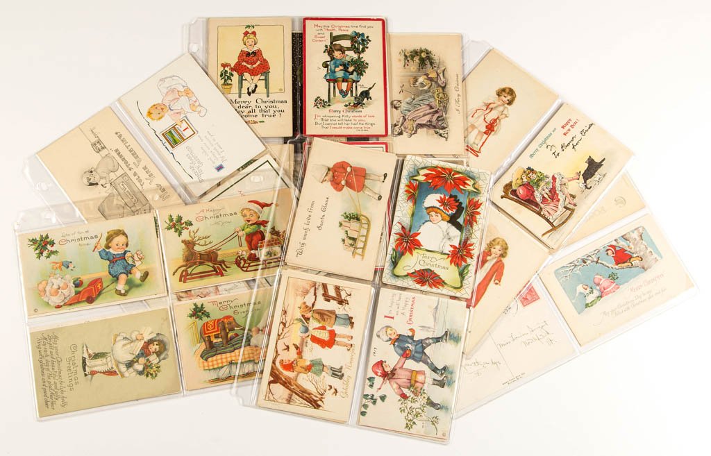 CHRISTMAS AND NEW YEARS POST CARDS, LOT OF 53: CHRISTMAS AND NEW YEARS POST CARDS, LOT OF 53, comprising examples featuring children enjoying the holiday and season, some embossed, some artist signed examples, including Julia Woodworth, H. Schuber