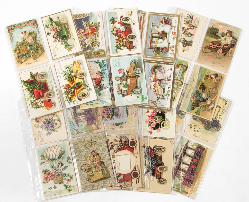 TRANSPORTATION THEME HOLIDAY / BIRTHDAY POST CARDS, LOT: TRANSPORTATION THEME HOLIDAY / BIRTHDAY POST CARDS, LOT OF 55, including three artist-signed Bernhardt Wall and an artist-signed Ellen Clapsaddle, an unsigned H. B. Griggs, one dirigible, and a Santa 