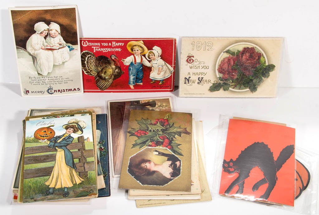 ASSORTED CHRISTMAS AND OTHER HOLIDAY POST CARDS: ASSORTED CHRISTMAS AND OTHER HOLIDAY POST CARDS, approximately 55, including eight artist-signed Ellen Clapsaddle examples, four artist-signed M. Greiner teddy bear/"Molly and Her Bears" examples, thr