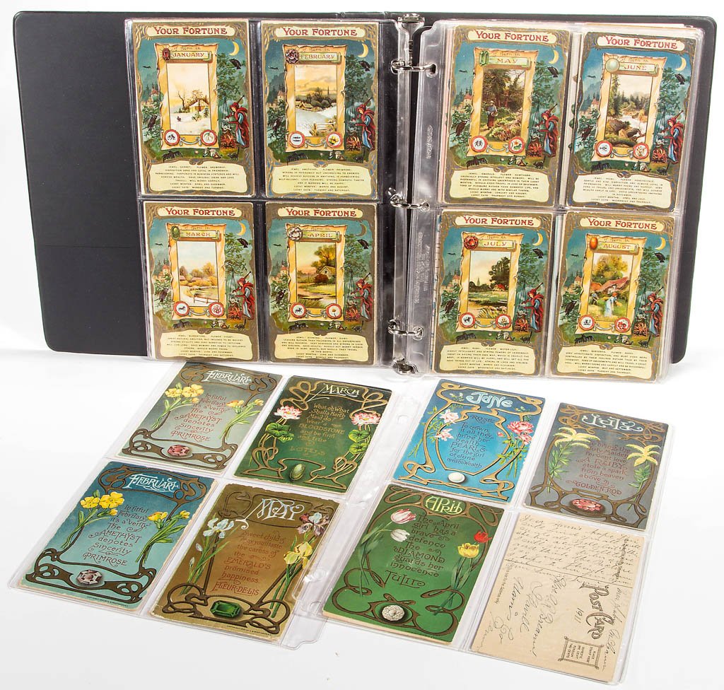 ASSORTED ZODIAC / MONTH SERIES POST CARDS: ASSORTED ZODIAC / MONTH SERIES POST CARDS, approximately 109, including a complete set of 12 Julius Bien "Fortune" series, seven Raphael Tuck & Sons "Sentiments of the Month" examples, seven A. Q. Sou