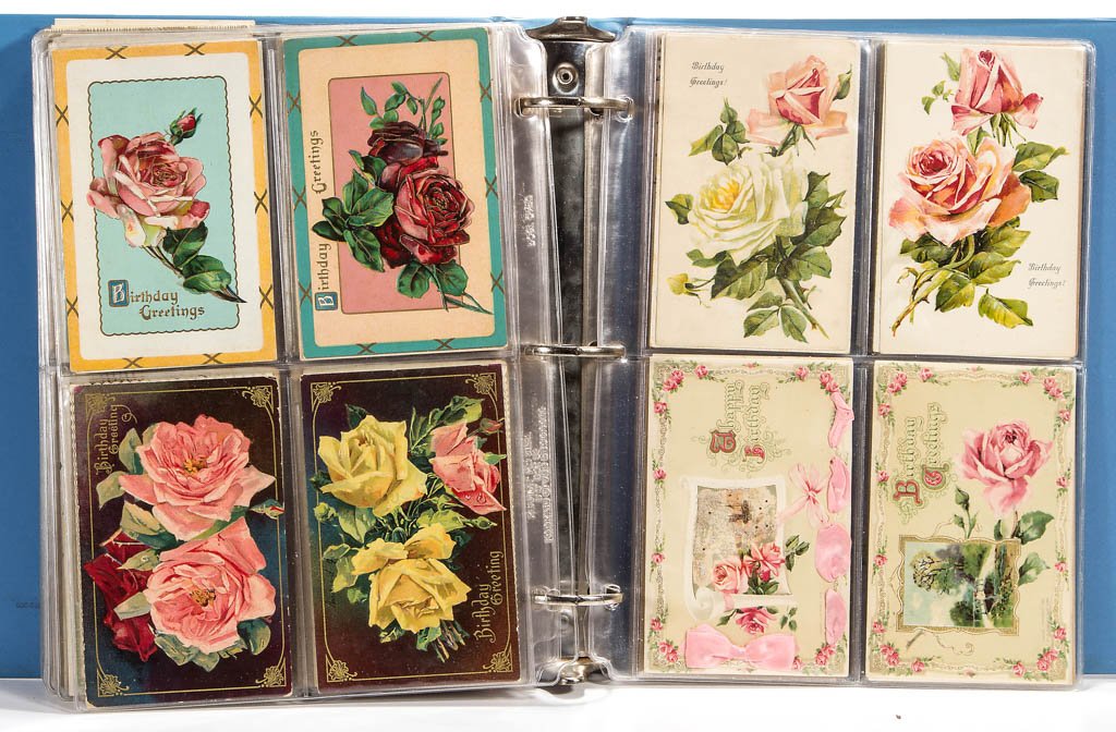 ASSORTED ROSE BLOSSOM POST CARDS: ASSORTED ROSE BLOSSOM POST CARDS, approximately 189, including many birthday examples. Many embossed, some gel examples, some unused. Publishers include Raphael Tuck & Sons, Julius Bien & Co., and Bir