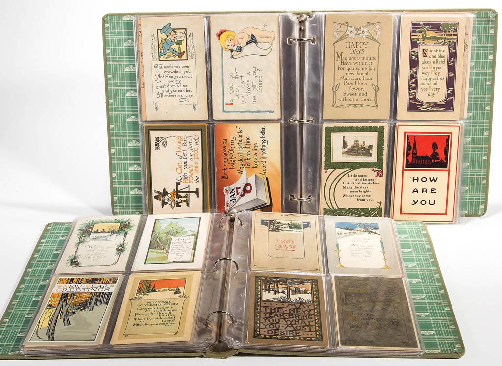 ASSORTED CHRISTMAS / GREETINGS MOTTO POST CARDS: ASSORTED CHRISTMAS / GREETINGS MOTTO POST CARDS, approximately 255, many with Art Nouveau/Arts & Crafts designs. Publishers include A. M. Davis, P. F. Volland, L. F. Pease, and the Rose Co. Some unuse