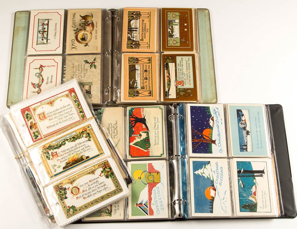 ASSORTED CHRISTMAS MOTTOS POST CARDS: ASSORTED CHRISTMAS MOTTOS POST CARDS, approximately 373, including many Arts & Crafts, Art Nouveau, and Art Deco designs. Many mottos/poems examples, including Brette A. Garland, H. M. Harrison, and V