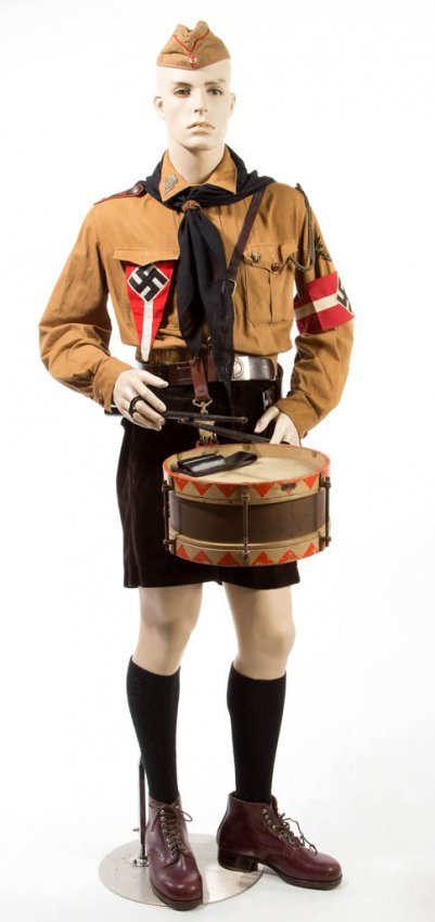 GERMAN MILITARY WORLD WAR TWO / WWII "HITLER YOUTH": GERMAN MILITARY WORLD WAR TWO / WWII "HITLER YOUTH" ASSEMBLED UNIFORM AND RELATED ARTICLES, comprising a "summer" uniform shirt and shorts, garrison cap, belt with Hitler Youth buckle, drum hanger, dr