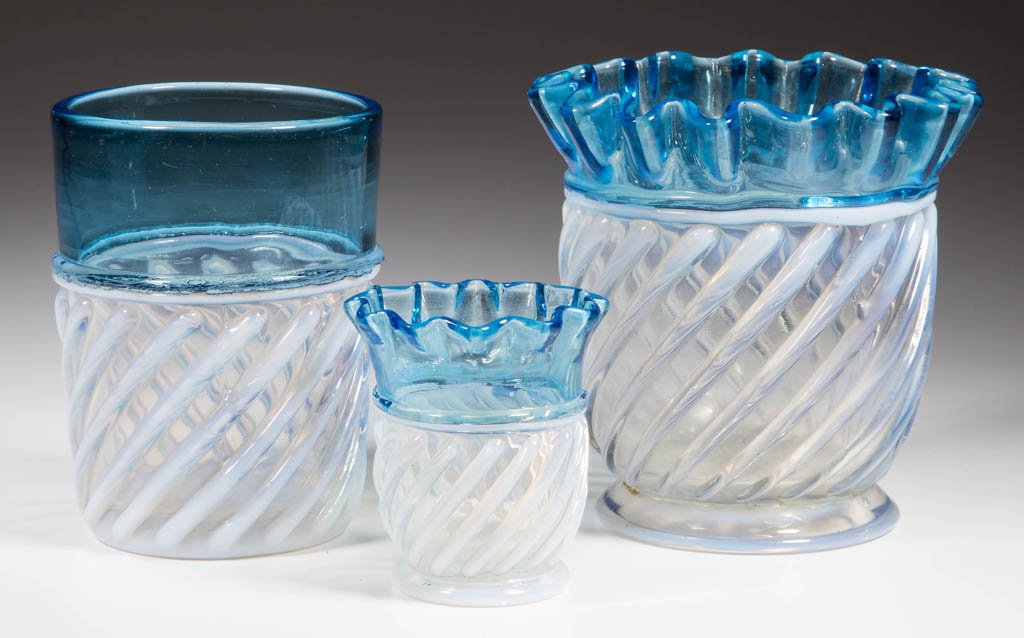 ADONIS (OMN) / GONTERMAN SWIRL ARTICLES, LOT OF THREE: ADONIS (OMN) / GONTERMAN SWIRL ARTICLES, LOT OF THREE, colorless opalescent and blue, comprising a spooner, toothpick holder, and tumbler. Aetna Glass & Mfg. Co. Circa 1888. 2 1/2" to 4 1/8" HOA. Lite