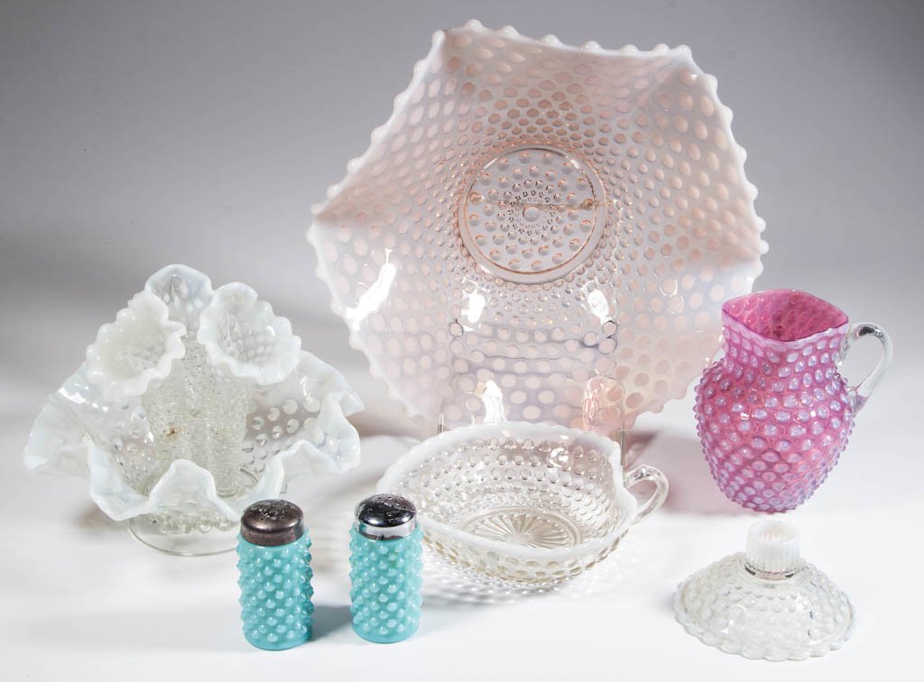 ASSORTED HOBNAIL ARTICLES, LOT OF SIX: ASSORTED HOBNAIL ARTICLES, LOT OF SIX, colorless opalescent, including a Fenton Hobnail epergne, ruffled bowl, and opaque blue salt and pepper shakers. Together with a Czechoslovakian Hobnail small pi