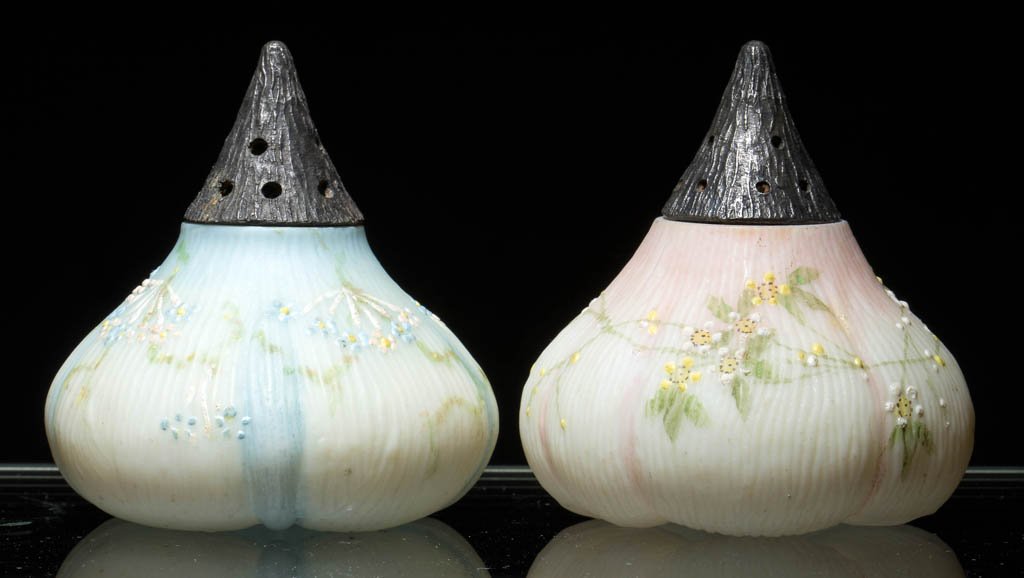 MT. WASHINGTON FIG / BEET (OMN) SALT AND PEPPER: MT. WASHINGTON FIG / BEET (OMN) SALT AND PEPPER SHAKERS, LOT OF TWO, opal with shaded blue and pink grounds, polychrome-enamel floral decorations, satin/plush finish, original lids. Mt. Washington Gla