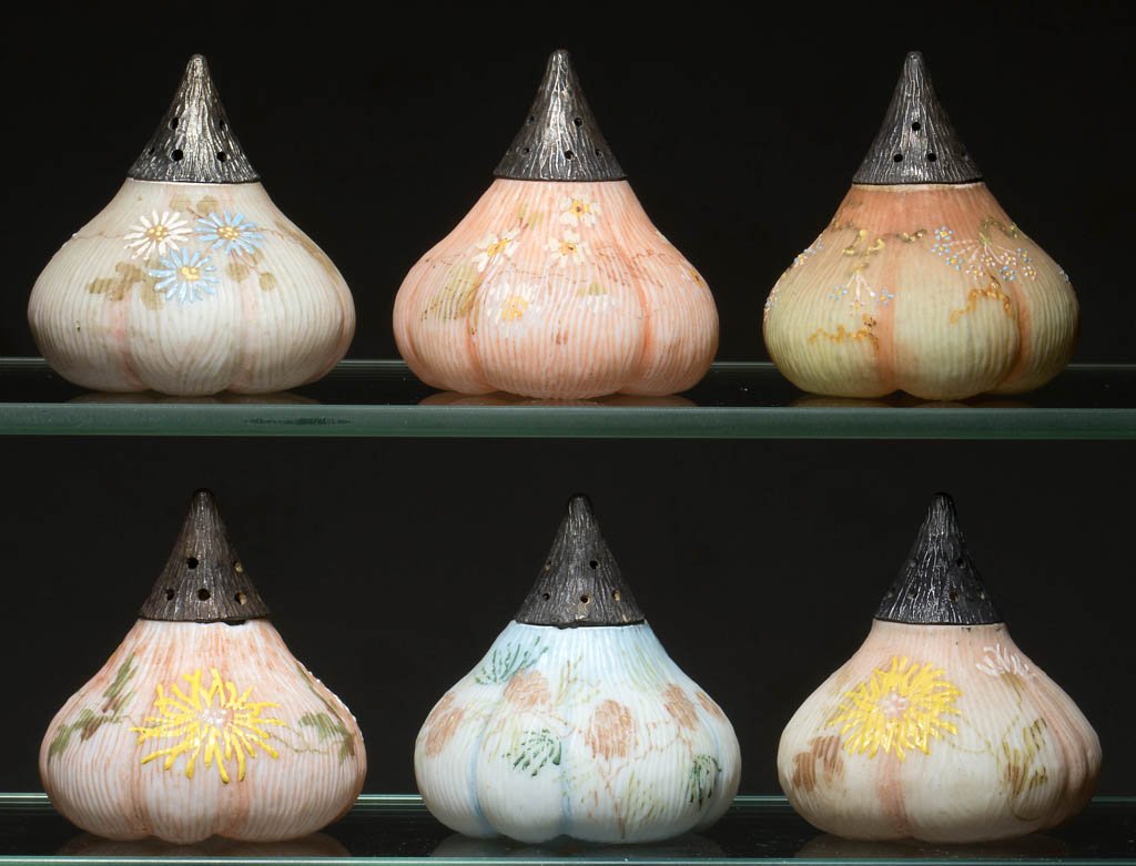 MT. WASHINGTON FIG / BEET (OMN) SALT AND PEPPER: MT. WASHINGTON FIG / BEET (OMN) SALT AND PEPPER SHAKERS, LOT OF SIX, opal with various grounds and polychrome-enamel floral decorations, plush/satin finish, four original lids, two lids possibly repro