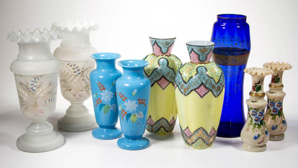 ASSORTED VICTORIAN DECORATED VASES, LOT OF NINE: ASSORTED VICTORIAN DECORATED VASES, LOT OF NINE, including opal, Bristol, and opaline examples, each with enameled decorations. Fourth quarter 19th/early 20th century. 7 1/2" to 9 1/2" H. Provenance: