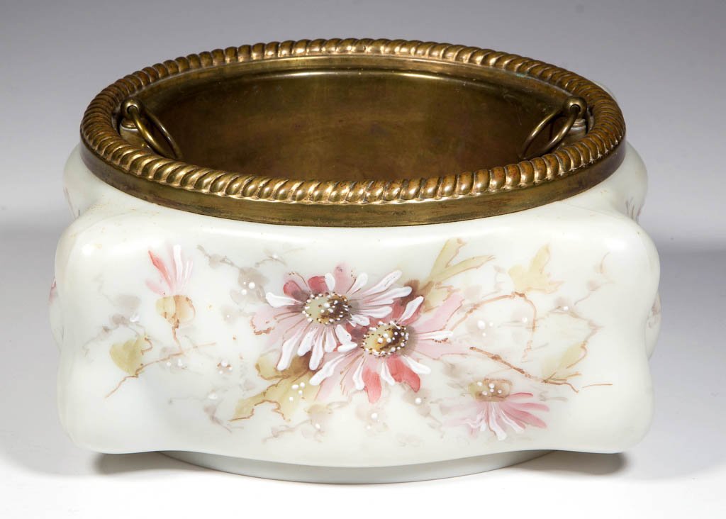 WAVE CREST FERN DISH WITH INSERT: WAVE CREST FERN DISH WITH INSERT, opal with polychrome floral decoration, "egg crate" form, insert with original bail handles, not signed. C. F. Monroe Co. Late 19th/early 20th century. 3 1/2" H, 7" S
