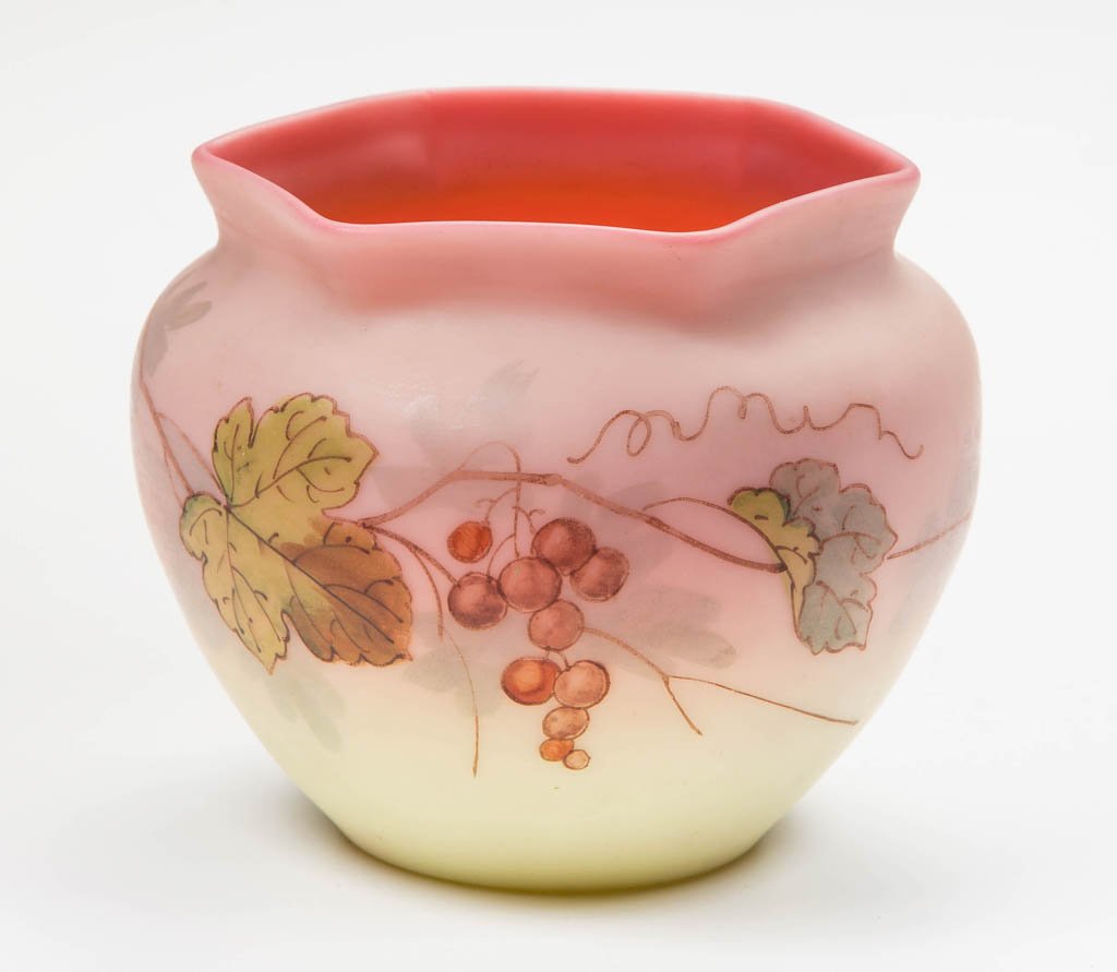 WEBB BURMESE VASE: WEBB BURMESE VASE, plush finish, polychrome decoration with grapes, hexagonal rim, polished pontil mark. Thomas Webb and Sons. Fourth quarter 19th century. 3 1/8" H, 3 3/4" DOA. Literature: Sisk - Mt.
