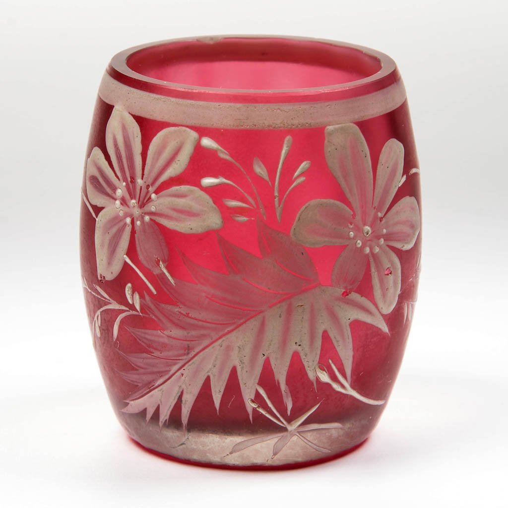 PSEUDO-CAMEO TOOTHPICK HOLDER: PSEUDO-CAMEO TOOTHPICK HOLDER, cranberry with polychrome decoration, factory polished rim and base. Maker unverified. Late 19th/early 20th century. 2 1/4" H. Provenance: The Lowell Wiggins collection,