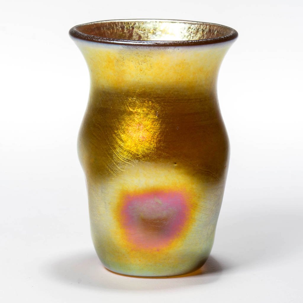 STEUBEN AURENE TOOTHPICK: STEUBEN AURENE TOOTHPICK, gold iridescent, dimpled sides, polished pontil mark. Early 20th century. 2 1/4" H. Literature: Parallels Bredehoft/Sanford - Glass Toothpick Holders, Second Edition, p. 176,