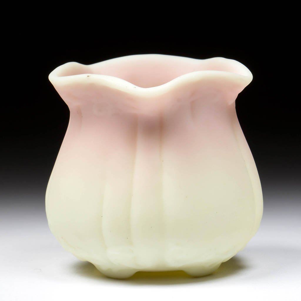 MT. WASHINGTON BURMESE FOOTED LOBE TOOTHPICK HOLDER: MT. WASHINGTON BURMESE FOOTED LOBE TOOTHPICK HOLDER, polished pontil mark. Mt. Washington Glass Co. Circa 1886. 2 1/4" H. Literature: Parallels Bredehoft/Sanford - Glass Toothpick Holders, Second Edit