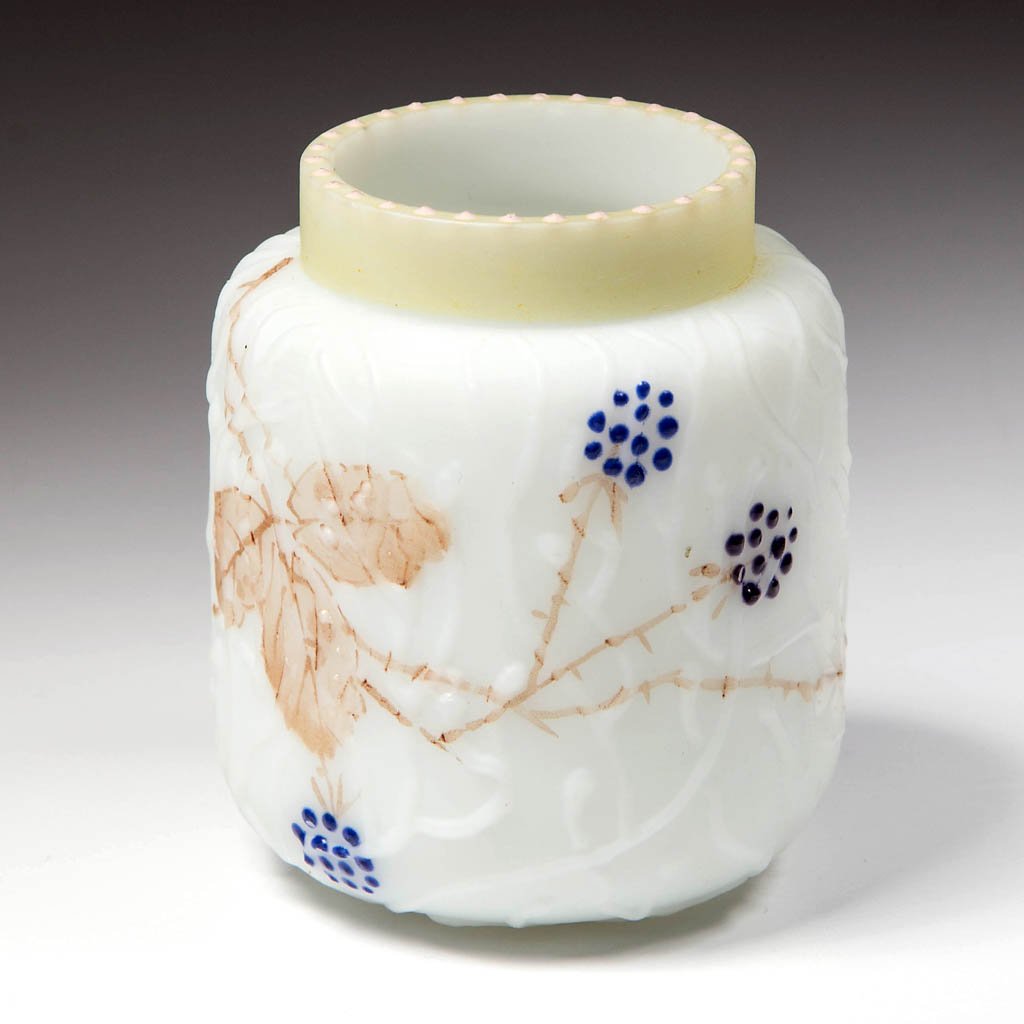 MT. WASHINGTON SPIDER WEB TOOTHPICK HOLDER: MT. WASHINGTON SPIDER WEB TOOTHPICK HOLDER, opal with shaded mustard yellow rim, polychrome floral decoration, satin finish, with a beaded rim. Mt. Washington Glass Co. Circa 1890. 2 1/2" H. Literatur