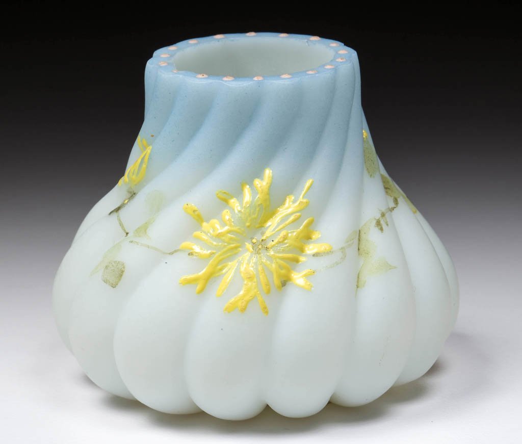 SWIRLED BEAD-TOP TOOTHPICK HOLDER: SWIRLED BEAD-TOP TOOTHPICK HOLDER, opal with blue shading and polychrome decoration, beaded rim. Mt. Washington Glass Co. Circa 1890. 2" H. Literature: Parallels Bredehoft/Sanford - Glass Toothpick Ho