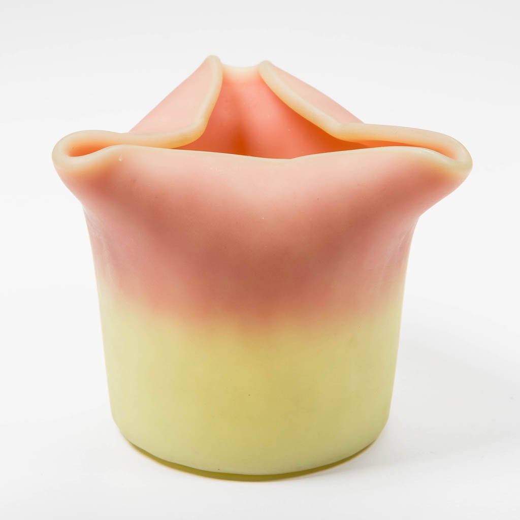 MT. WASHINGTON BURMESE DIAMOND-QUILTED TOOTHPICK HOLDER: MT. WASHINGTON BURMESE DIAMOND-QUILTED TOOTHPICK HOLDER, plush finish, tri-corner rim, polished pontil mark. Mt. Washington Glass Co. Circa 1886. 2" HOA. Literature: Bredehoft/Sanford - Glass Toothpic