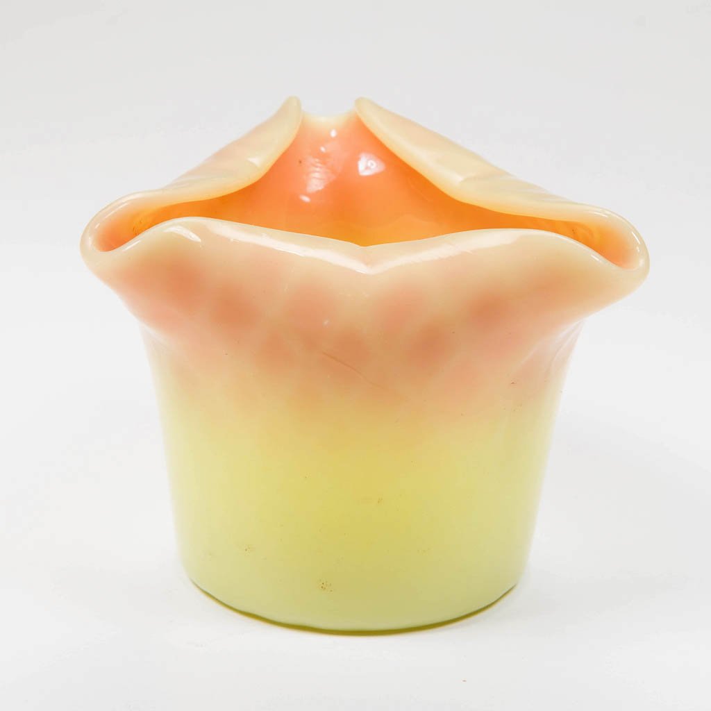 MT. WASHINGTON BURMESE DIAMOND-QUILTED TOOTHPICK HOLDER: MT. WASHINGTON BURMESE DIAMOND-QUILTED TOOTHPICK HOLDER, glossy finish, tri-corner rim, polished pontil mark. Mt. Washington Glass Co. Circa 1886. 2" HOA. Literature: Parallels Bredehoft/Sanford - Gla