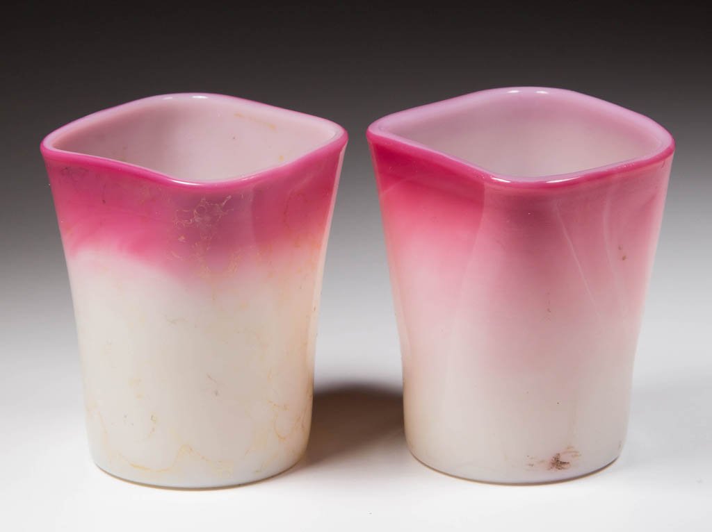 NEW ENGLAND PEACHBLOW TOOTHPICK HOLDERS, LOT OF TWO: NEW ENGLAND PEACHBLOW TOOTHPICK HOLDERS, LOT OF TWO, glossy finish, one example with remnants of Agata decoration, each square rim and with polished pontil mark. New England Glass Co. Circa 1888. 2 1/