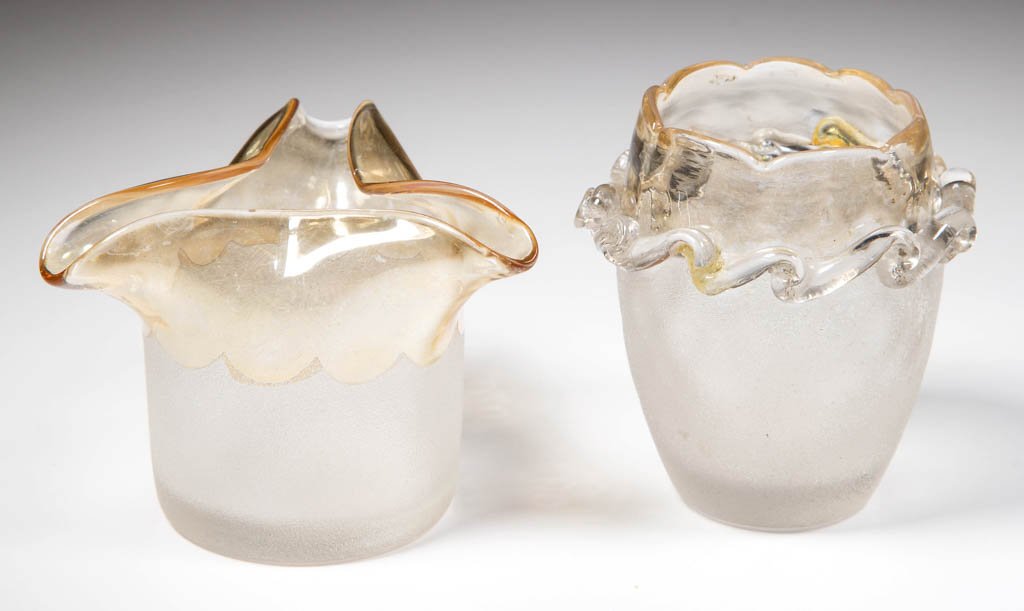 POMONA - SECOND PATENT ETCHING TOOTHPICK HOLDERS, LOT: POMONA - SECOND PATENT ETCHING TOOTHPICK HOLDERS, LOT OF TWO, comprising a tri-corner and a barrel-form with applied rigaree, each with a polished pontil mark. Probably New England Glass Co. Circa 188