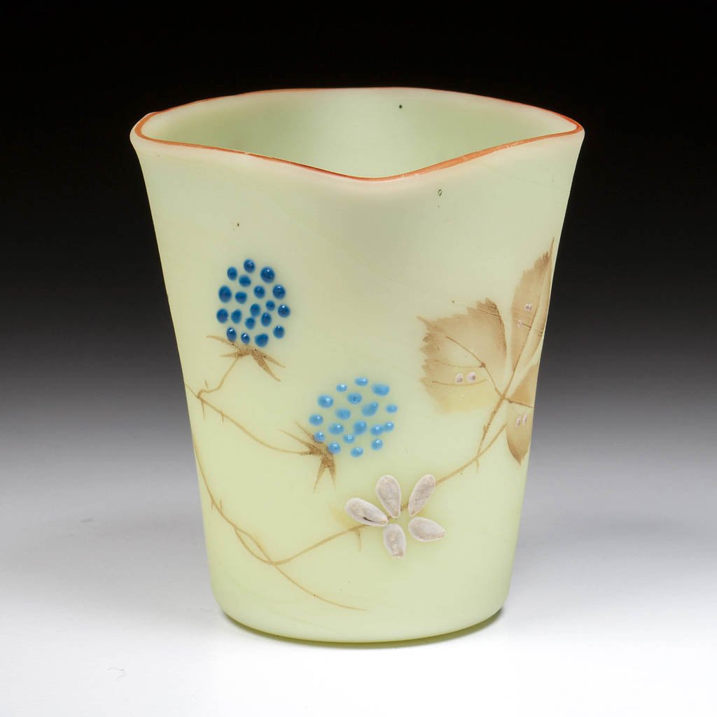 BURMESE DECORATED TOOTHPICK HOLDER: BURMESE DECORATED TOOTHPICK HOLDER, with polychrome decoration, square-top and polished pontil mark. New England Glass Co./Mt. Washington Glass Co. Circa 1890. 2 5/8" H. Literature: Heacock - 1000 Too